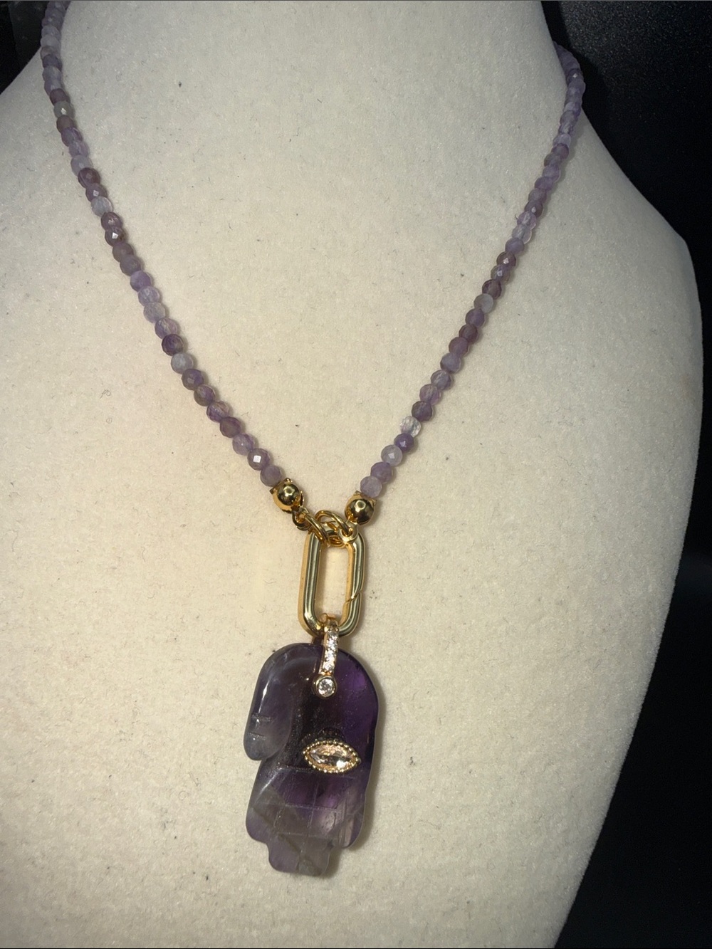 Trendy Amethyst  natural stone chamsa Pendant on amethyst mini beaded Necklace